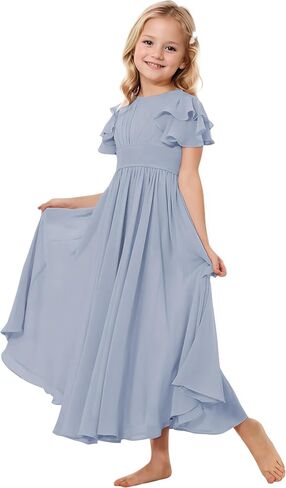 Junior Bridesmaid Dress Chiffon Flower Girl Dresses Short Ruffles Sleeve Party Pageant Communion Dress for Girls in Kuwait