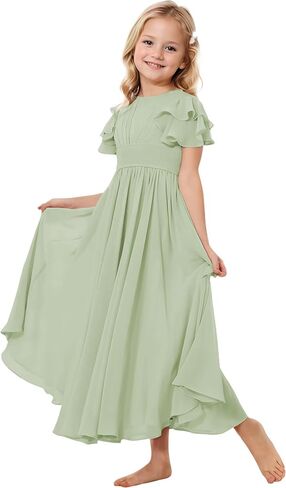 Junior Bridesmaid Dress Chiffon Flower Girl Dresses Short Ruffles Sleeve Party Pageant Communion Dress for Girls in Kuwait