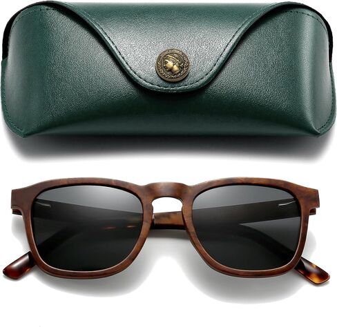 SUNGAIT Men’s Square Wood Sunglasses Classic Camphorwood Polarized Shades w. Green PU Leather Case in Saudi Arabia