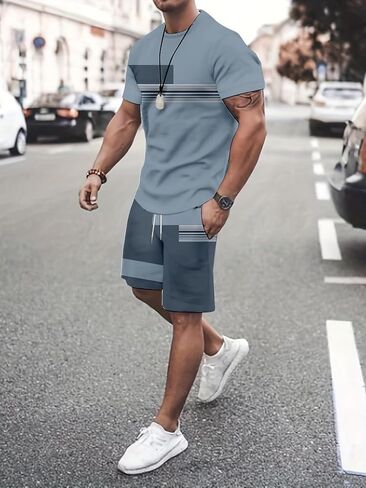 Men's Summer 2 Piece Outfit, Color Block Striped Short Sleeve T-Shirt & Drawstring Shorts Casual Tracksuit in Kuwait