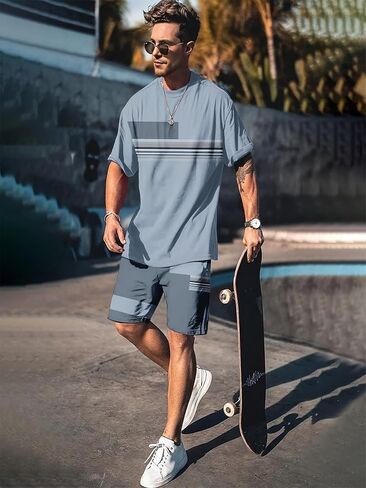 Men's Summer 2 Piece Outfit, Color Block Striped Short Sleeve T-Shirt & Drawstring Shorts Casual Tracksuit in Kuwait