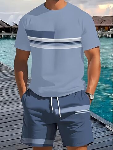 Men's Summer 2 Piece Outfit, Color Block Striped Short Sleeve T-Shirt & Drawstring Shorts Casual Tracksuit in Kuwait