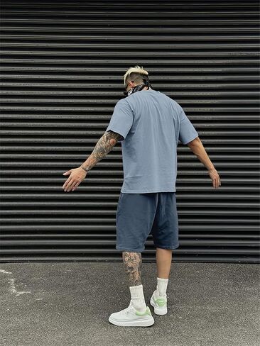 Men's Summer 2 Piece Outfit, Color Block Striped Short Sleeve T-Shirt & Drawstring Shorts Casual Tracksuit in Kuwait