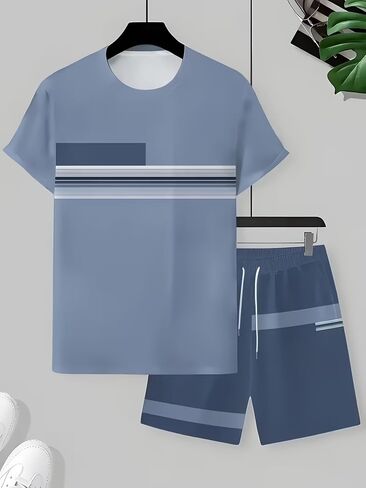 Men's Summer 2 Piece Outfit, Color Block Striped Short Sleeve T-Shirt & Drawstring Shorts Casual Tracksuit in Kuwait