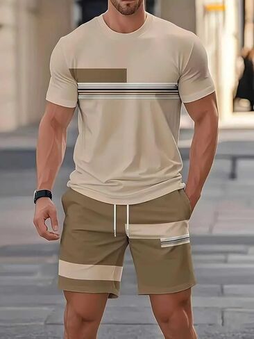 Men's Summer 2 Piece Outfit, Color Block Striped Short Sleeve T-Shirt & Drawstring Shorts Casual Tracksuit in Kuwait