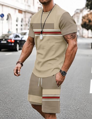 Men's Summer 2 Piece Outfit, Color Block Striped Short Sleeve T-Shirt & Drawstring Shorts Casual Tracksuit in Kuwait