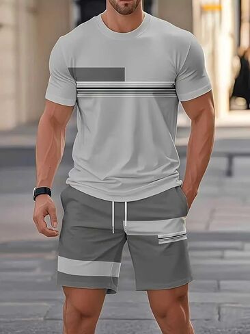 Men's Summer 2 Piece Outfit, Color Block Striped Short Sleeve T-Shirt & Drawstring Shorts Casual Tracksuit in Kuwait