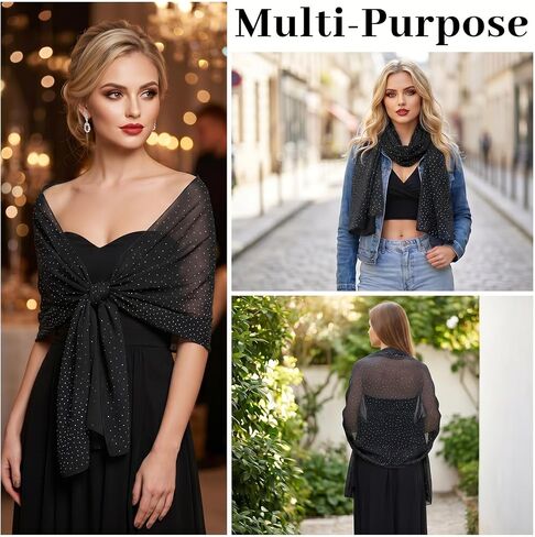 Nydotd Rhinestone Shawl Wrap for Evening Dresses, Sheer Chiffon Sparkly Beach Scarf Glitter hijab for Women Wedding Party in Kuwait