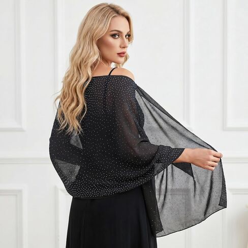 Nydotd Rhinestone Shawl Wrap for Evening Dresses, Sheer Chiffon Sparkly Beach Scarf Glitter hijab for Women Wedding Party in Kuwait