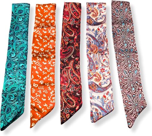 Silk Scarves 5-Pack, Skinny Satin Hair Ribbon Purse Handle Wrap Neck Scarf Headband Wrist Tie, Luxury Paisley Floral Pattern Set in Saudi Arabia