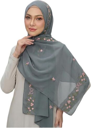 Chiffon Hijab Scarf for Women: Muslim Head Scarf Shawl Wrap Floral Embroidery, Coverup for Wedding Party Summer 70 * 170cm in Kuwait