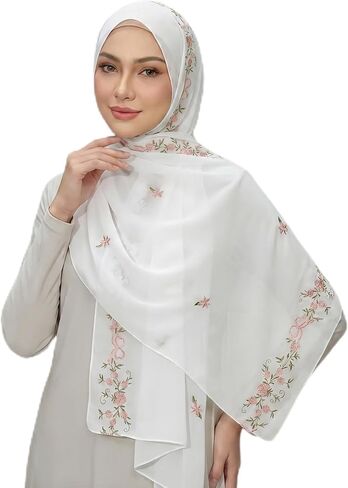 Chiffon Hijab Scarf for Women: Muslim Head Scarf Shawl Wrap Floral Embroidery, Coverup for Wedding Party Summer 70 * 170cm in Kuwait