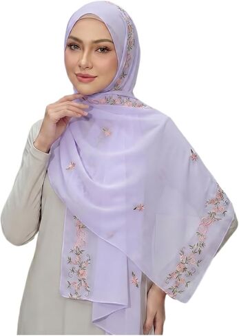 Chiffon Hijab Scarf for Women: Muslim Head Scarf Shawl Wrap Floral Embroidery, Coverup for Wedding Party Summer 70 * 170cm in Kuwait
