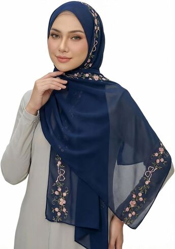 Chiffon Hijab Scarf for Women: Muslim Head Scarf Shawl Wrap Floral Embroidery, Coverup for Wedding Party Summer 70 * 170cm in Kuwait