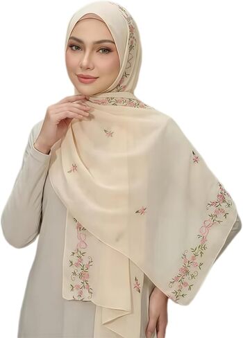 Chiffon Hijab Scarf for Women: Muslim Head Scarf Shawl Wrap Floral Embroidery, Coverup for Wedding Party Summer 70 * 170cm in Kuwait