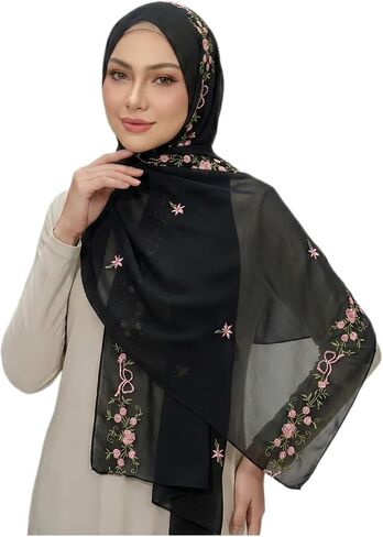 Chiffon Hijab Scarf for Women: Muslim Head Scarf Shawl Wrap Floral Embroidery, Coverup for Wedding Party Summer 70 * 170cm in Kuwait