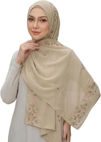 Chiffon Hijab Scarf for Women: Muslim Head Scarf Shawl Wrap Floral Embroidery, Coverup for Wedding Party Summer 70 * 170cm in Kuwait