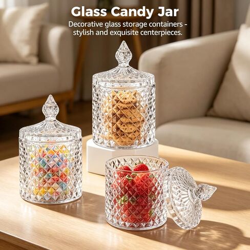 4Pcs Crystal Glass Candy Jars with Lids, 260 ml / 9 oz Decorative Storage Box for Jewelry, Small Cookie Jar Decorative Jars,Pointed Lid Canister for Apothecary,Bathroom,Home,Kitchen,Party in Saudi Arabia