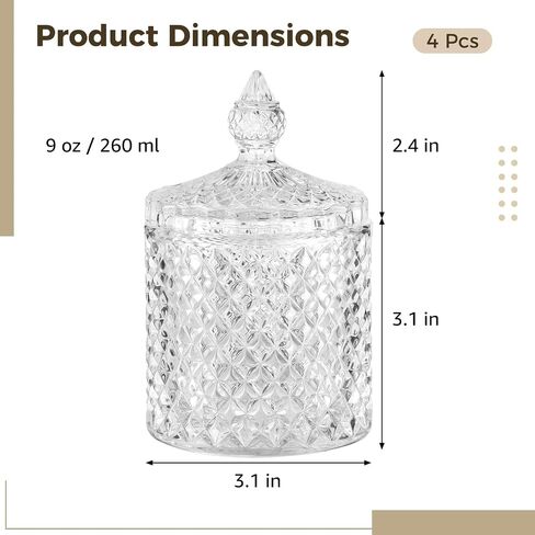 4Pcs Crystal Glass Candy Jars with Lids, 260 ml / 9 oz Decorative Storage Box for Jewelry, Small Cookie Jar Decorative Jars,Pointed Lid Canister for Apothecary,Bathroom,Home,Kitchen,Party in Saudi Arabia
