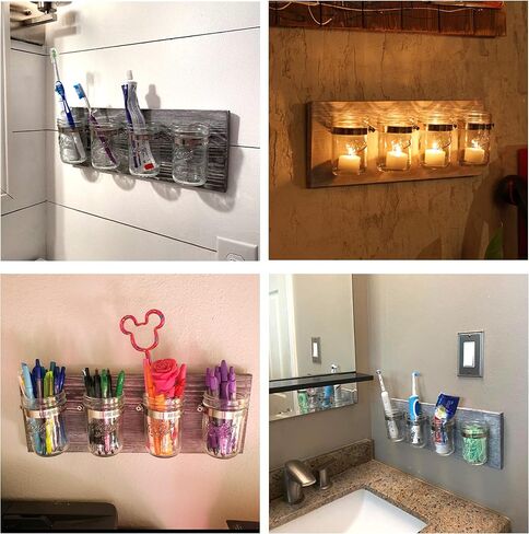 Rustic Antique Mason Jar Organizer 4-Shelf Hanging Wall Holder for Home Decor, Bathroom, Kitchen, Office, Farmhouse with 4-Jar, Gray in Saudi Arabia