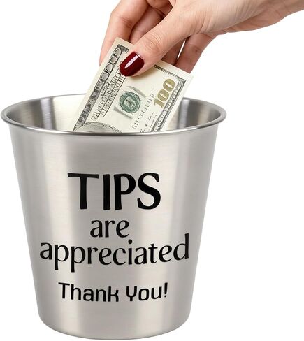 Klmnop Metal Tip Bucket for Bartenders & Musicians, Silver Stainless Steel Tip Jar 1.1L for Restaurant, Bar, Coffee Shop, Bands, Street Performers, Money Tips Jar with Thank You Sticker in Kuwait