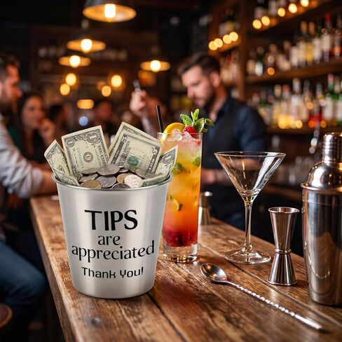 Klmnop Metal Tip Bucket for Bartenders & Musicians, Silver Stainless Steel Tip Jar 1.1L for Restaurant, Bar, Coffee Shop, Bands, Street Performers, Money Tips Jar with Thank You Sticker in Kuwait