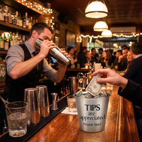 Klmnop Metal Tip Bucket for Bartenders & Musicians, Silver Stainless Steel Tip Jar 1.1L for Restaurant, Bar, Coffee Shop, Bands, Street Performers, Money Tips Jar with Thank You Sticker in Kuwait