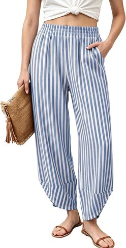 Athlisan Women's Wide Leg Striped Palazzo Pants Summer Elastic Waist Baggy Casual Lounge Trousers with Pockets in Kuwait