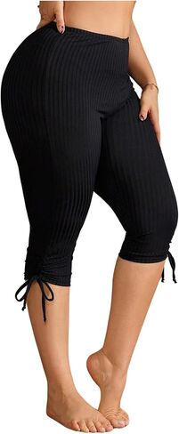 MakeMeChic Women's Plus Size Drawstring Legging Summer Rib Knitted Capri Pants Skinny Cropped Pants in Kuwait