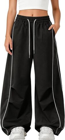 Bakyarder Women's Parachute Pants Wide Leg Baggy Barrel Casual Trousers with Elastic Waist Drawstring Y2K Streetwear in Saudi Arabia