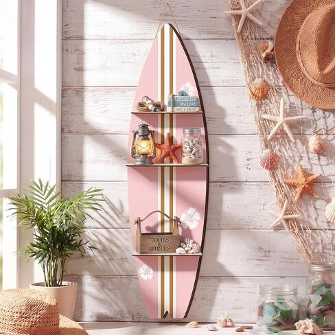Surfboard Wall Decor, 47" x 13" Large Wooden Surfboard Wall Shelf with 3 Tiers Decorative Beach Coastal Surf Board Shelf for Summer Room Decoration,Comes with Screws & Screwdriver(Pink) in Kuwait