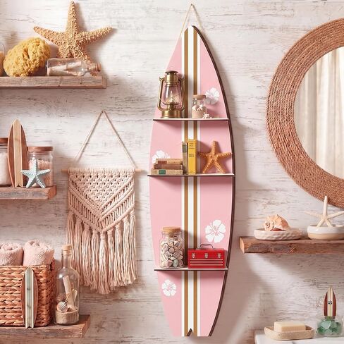 Surfboard Wall Decor, 47" x 13" Large Wooden Surfboard Wall Shelf with 3 Tiers Decorative Beach Coastal Surf Board Shelf for Summer Room Decoration,Comes with Screws & Screwdriver(Pink) in Kuwait