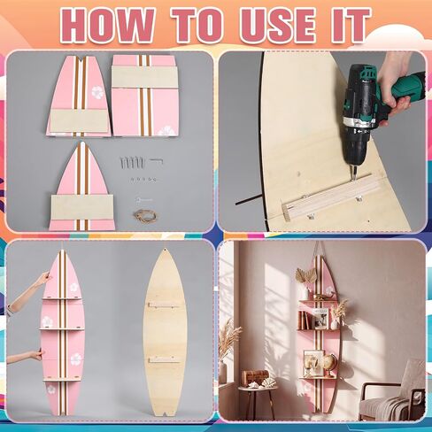Surfboard Wall Decor, 47" x 13" Large Wooden Surfboard Wall Shelf with 3 Tiers Decorative Beach Coastal Surf Board Shelf for Summer Room Decoration,Comes with Screws & Screwdriver(Pink) in Kuwait