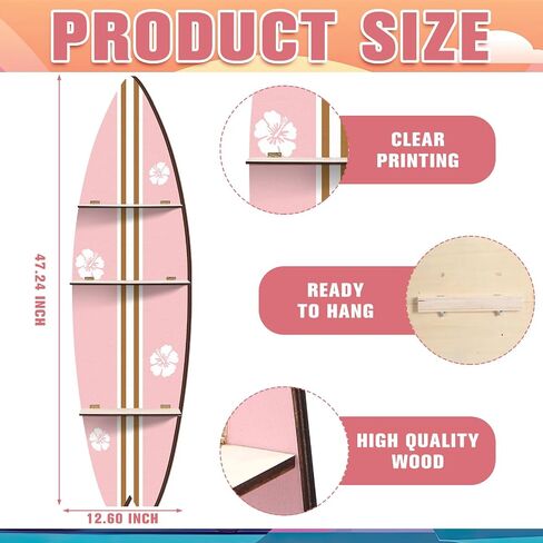 Surfboard Wall Decor, 47" x 13" Large Wooden Surfboard Wall Shelf with 3 Tiers Decorative Beach Coastal Surf Board Shelf for Summer Room Decoration,Comes with Screws & Screwdriver(Pink) in Kuwait