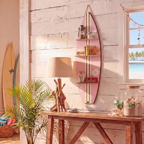 Surfboard Wall Decor, 47" x 13" Large Wooden Surfboard Wall Shelf with 3 Tiers Decorative Beach Coastal Surf Board Shelf for Summer Room Decoration,Comes with Screws & Screwdriver(Pink) in Kuwait