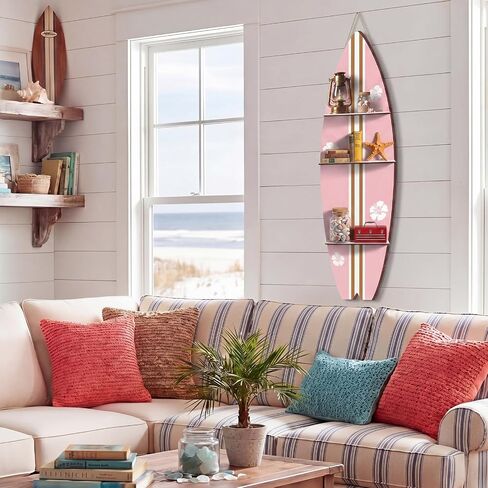 Surfboard Wall Decor, 47" x 13" Large Wooden Surfboard Wall Shelf with 3 Tiers Decorative Beach Coastal Surf Board Shelf for Summer Room Decoration,Comes with Screws & Screwdriver(Pink) in Kuwait