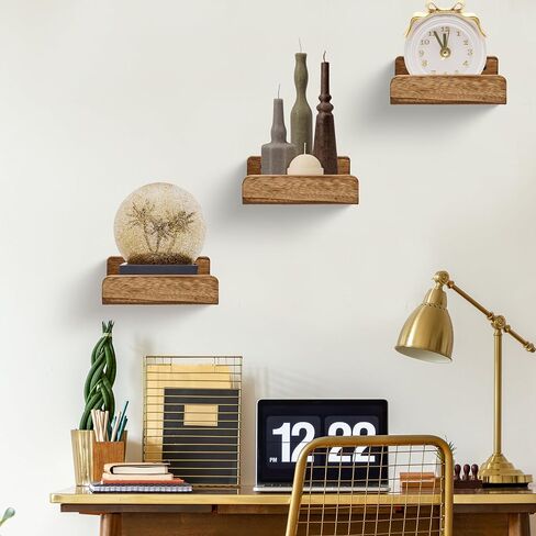 PHOENANCEE Small Wall Shelves,Mini Floating Shelf with Lip,Display Ledge,Speaker Shelf Set of 2 for Picture Frames Plants Decorative for Living Room Kitchen Bedroom,Wood,5 Inch,Carbonized Black in Kuwait