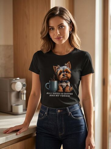 Coffee, Yorkie, T-Shirt, Dog Mom,Comfortable in Kuwait