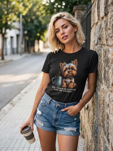 Coffee, Yorkie, T-Shirt, Dog Mom,Comfortable in Kuwait