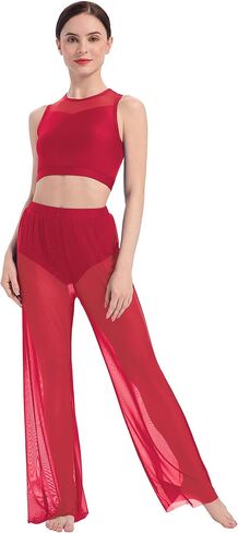 ODASDO Women Contemporary Dance Costumes Lyrical Dancewear Sleeveless Crop Top Elastic Waist Wide Leg Mesh Pants 2pcs Set in Kuwait