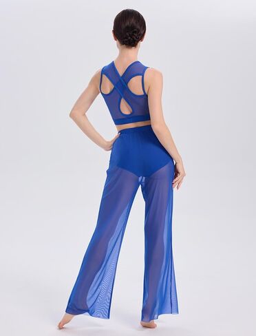 ODASDO Women Contemporary Dance Costumes Lyrical Dancewear Sleeveless Crop Top Elastic Waist Wide Leg Mesh Pants 2pcs Set in Kuwait