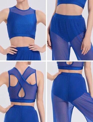 ODASDO Women Contemporary Dance Costumes Lyrical Dancewear Sleeveless Crop Top Elastic Waist Wide Leg Mesh Pants 2pcs Set in Kuwait