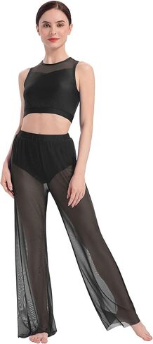 ODASDO Women Contemporary Dance Costumes Lyrical Dancewear Sleeveless Crop Top Elastic Waist Wide Leg Mesh Pants 2pcs Set in Kuwait