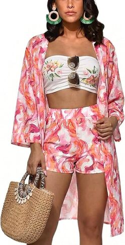 KEYUFANG Women Kimono Shorts Set 2 Piece Summer Vacation Outfits Beach Cover up Duster in Saudi Arabia