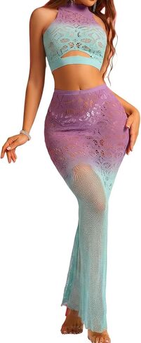 Summer Beach Outfit for Women, 2 Pcs Gradient Purple Fishnet Nipplesuit Elastic Mesh Top and Dress Mermaid Maxi Skirt Bikini Coverup for Beach Pool Party Cruise Vacation in Saudi Arabia