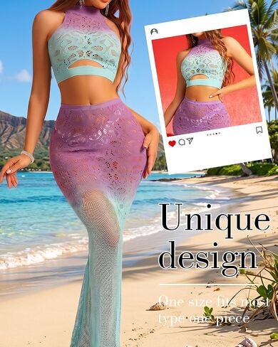Summer Beach Outfit for Women, 2 Pcs Gradient Purple Fishnet Nipplesuit Elastic Mesh Top and Dress Mermaid Maxi Skirt Bikini Coverup for Beach Pool Party Cruise Vacation in Saudi Arabia