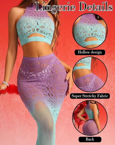 Summer Beach Outfit for Women, 2 Pcs Gradient Purple Fishnet Nipplesuit Elastic Mesh Top and Dress Mermaid Maxi Skirt Bikini Coverup for Beach Pool Party Cruise Vacation in Saudi Arabia
