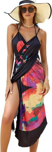 Butterfly Print Beach Cover Up, Halter Neck Wrap Dress in Saudi Arabia