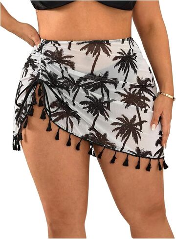 WDIRARA Women's Plus Size Swimsuit Coverup Tropical Ruched Fringe Beach Skirt Cover Ups in Kuwait