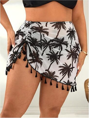 WDIRARA Women's Plus Size Swimsuit Coverup Tropical Ruched Fringe Beach Skirt Cover Ups in Kuwait
